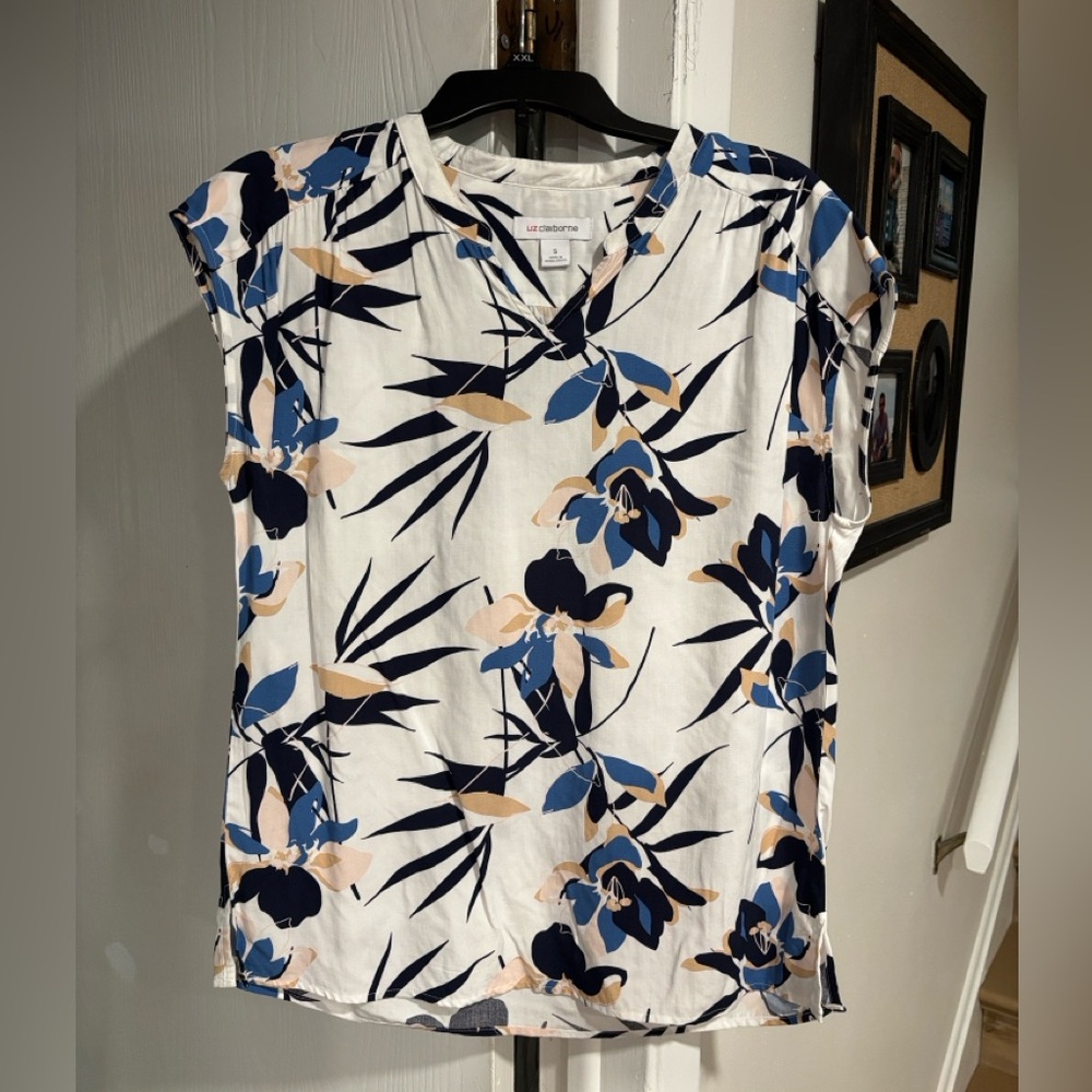 Liz Claiborne Women's Floral Blouse - White, Blue, and Tan